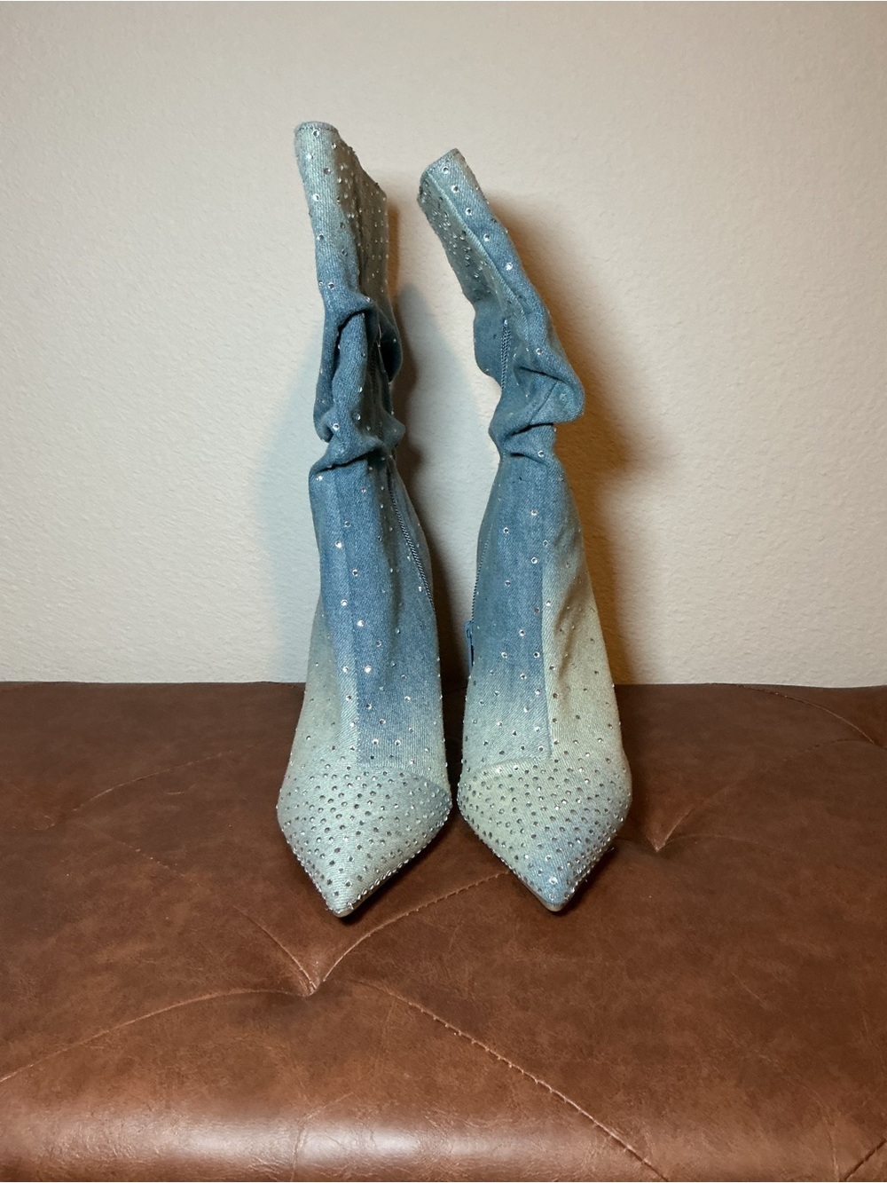 Embellished Gray Crystal Pointed Toe Stiletto Boot - Picture 6 of 8